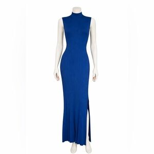 Le Lis Collection Cobalt Blue Ribbed Mock Neck Maxi Dress Slit